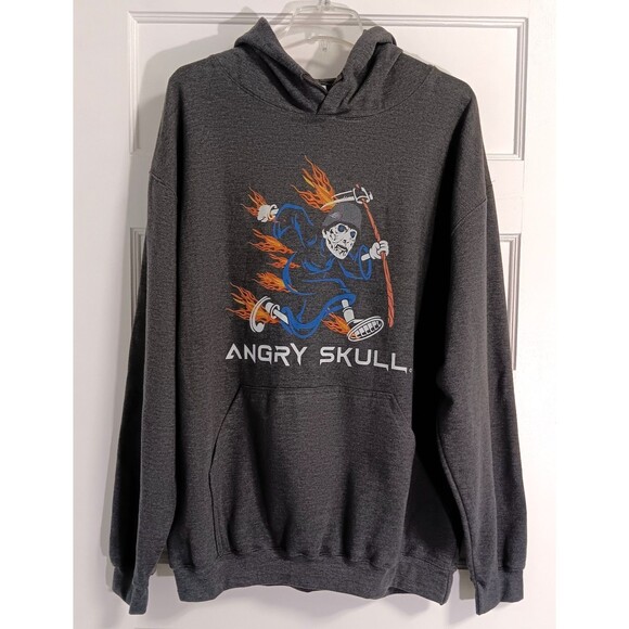 Y2K Grunge Skulls Tultex Hoodie Sweatshirt Men XL Gray Flames Grim Reaper Goth - Picture 1 of 9